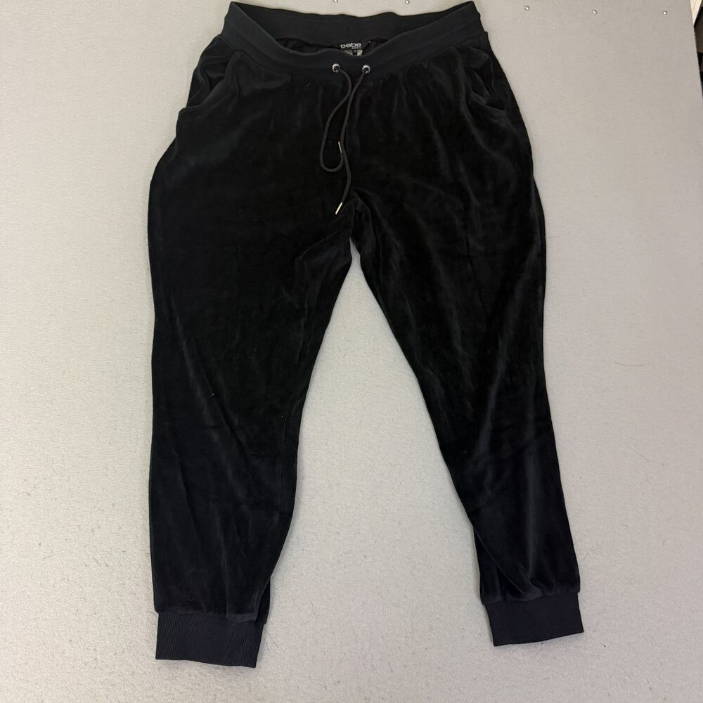 Bebe Sport Womens 1X Black Velour Jogger Pants Rhinestone Logo Y2K Lounge